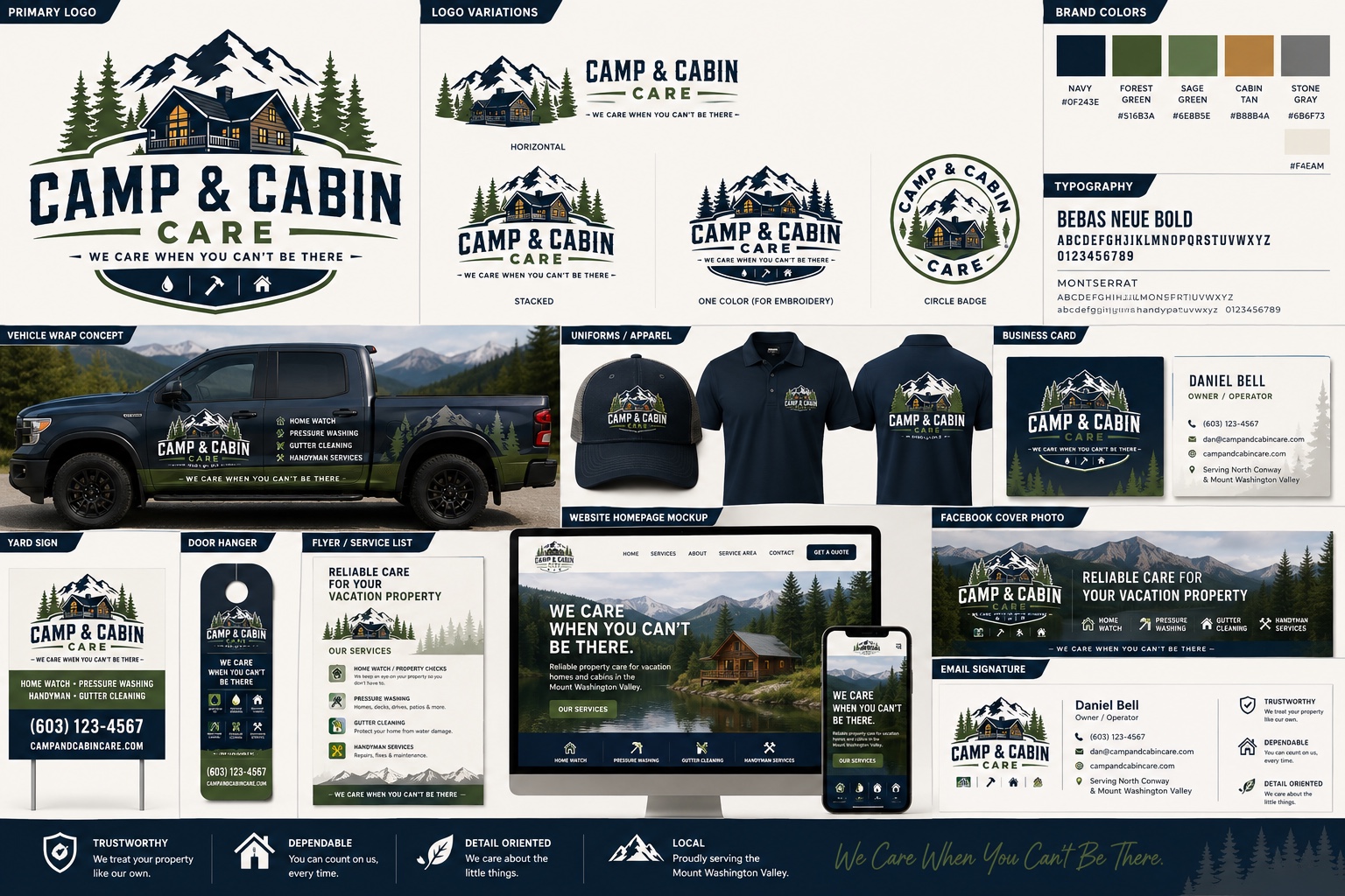 Camp & Cabin Care — mountain and cabin logo